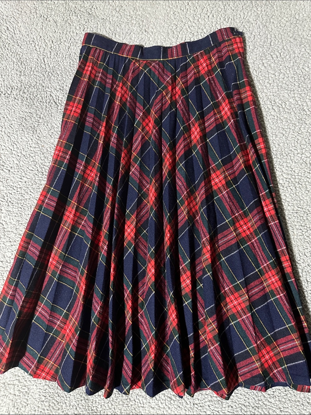 Vintage Authentic Joyce Plaid Pleated Midi Skirt USA Red Blue Tartan Wool Blend